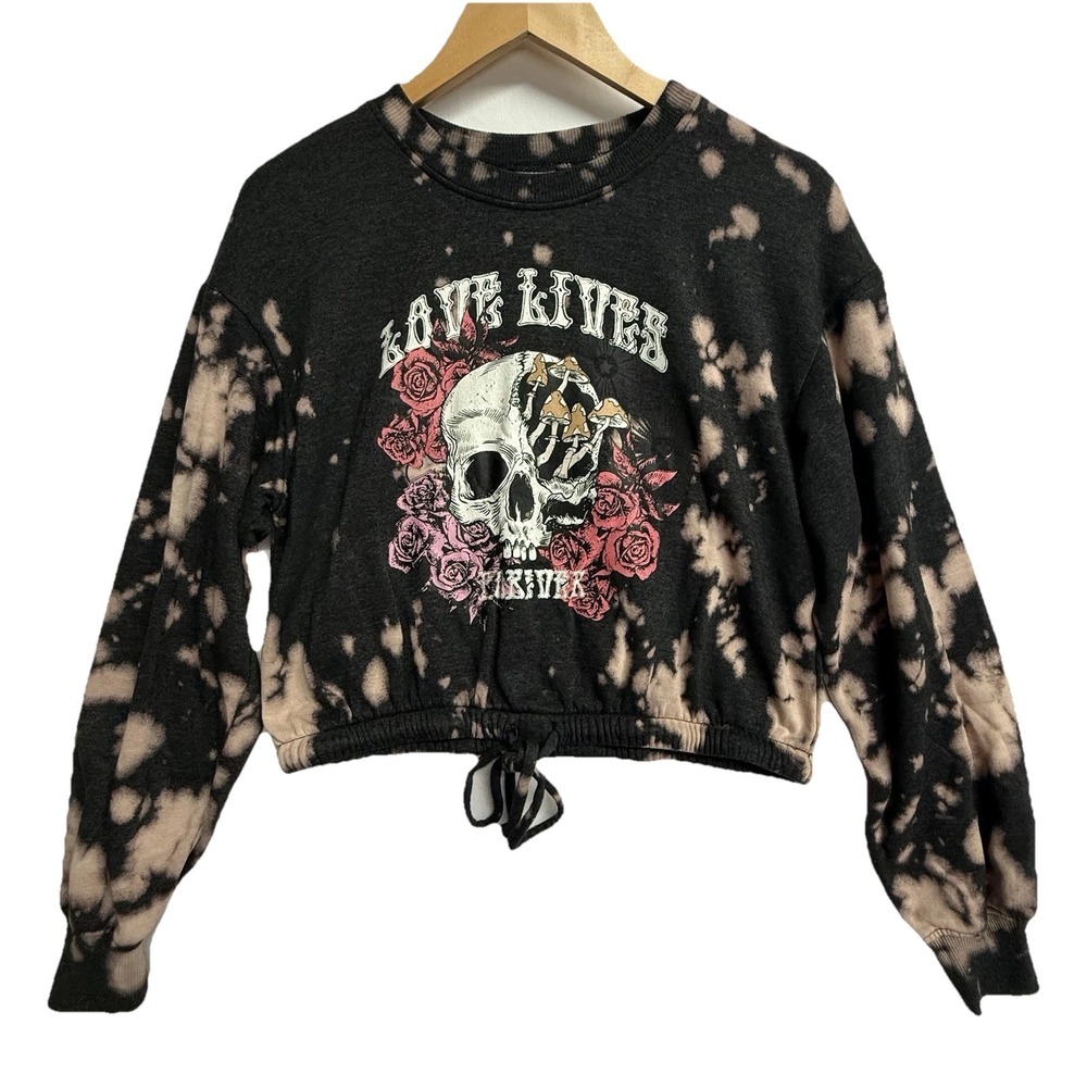 No Boundaries Skull Graphic Crop Sweatshirt L 11-13 Bleach Splatter Grunge Y2K